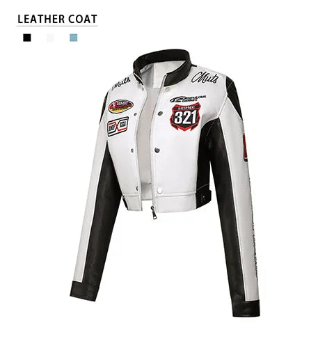 Women's Embroidered White PU Leather Jacket Motorcycle Wear Trendy Jazz Dance Autumn 2025 Collection New Arrival