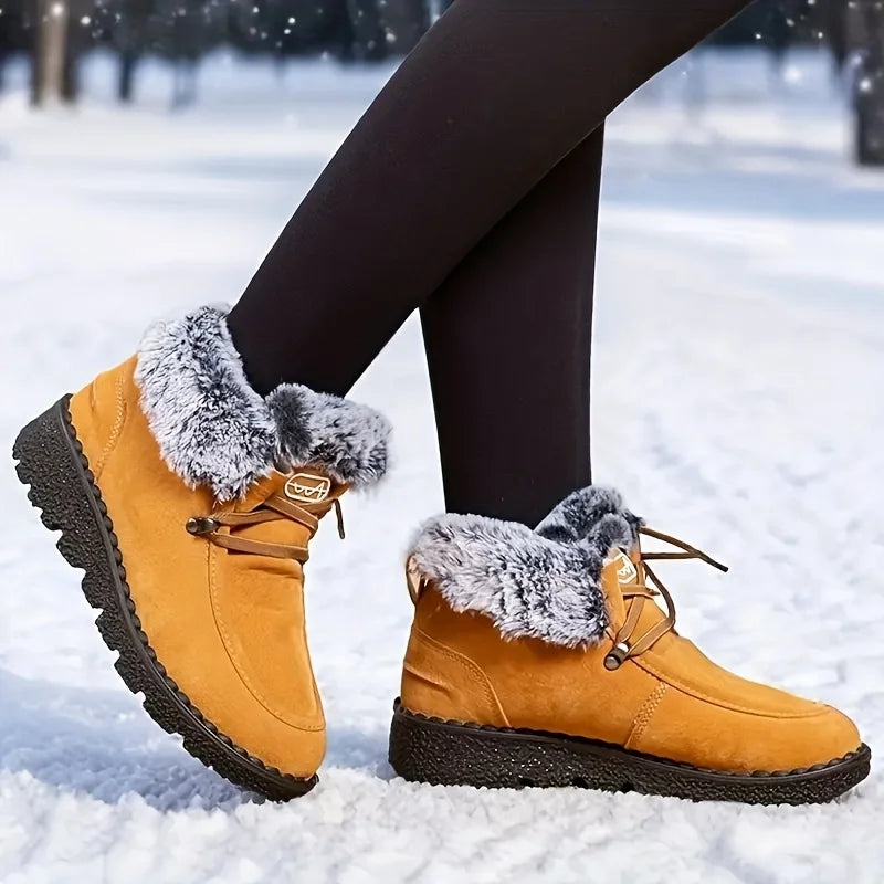 Women Winter Suede Snow Boots Warm Thick Furry Lined Ankle Booties Lace Up Non Slip Lug Sole Waterproof Thermal Shoes for Outdoor Snowfield Walking Cold Weather Daily Casual Wear Black Yellow Navy Three Classic Colors Ladies
