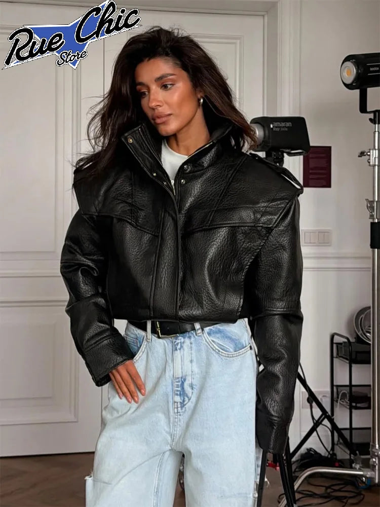 Black Faux Leather Stand Collar Zip Epaulet Cropped Jacket Long Sleeve Snap Button Pocket Coat 2026 Autumn Street Chic Coats New