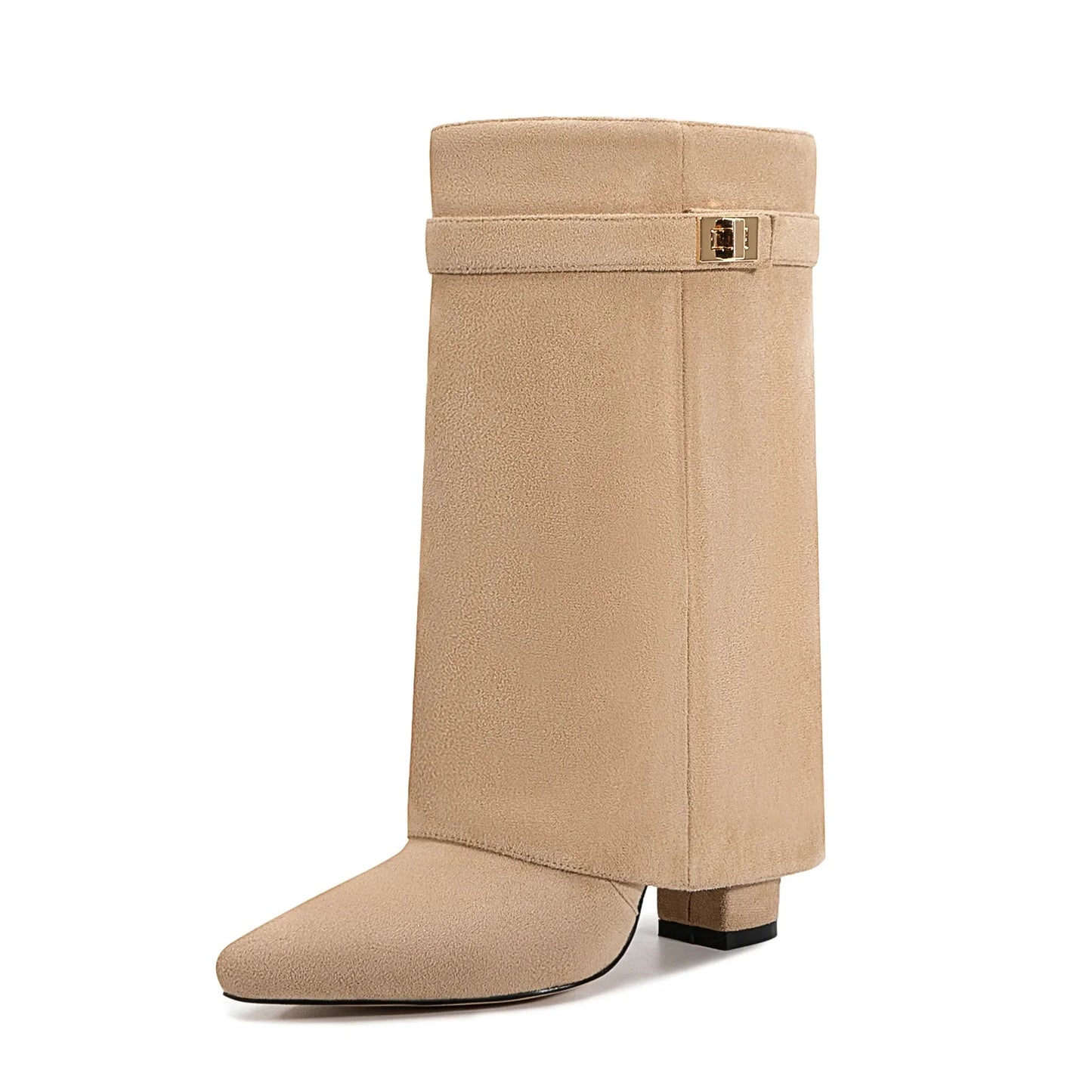 Autumn and Winter New Pointed Metal Buckle Knee High Women's Boots, Thick High-heeled Pants Boots, Fashionable Mid Leg Boots