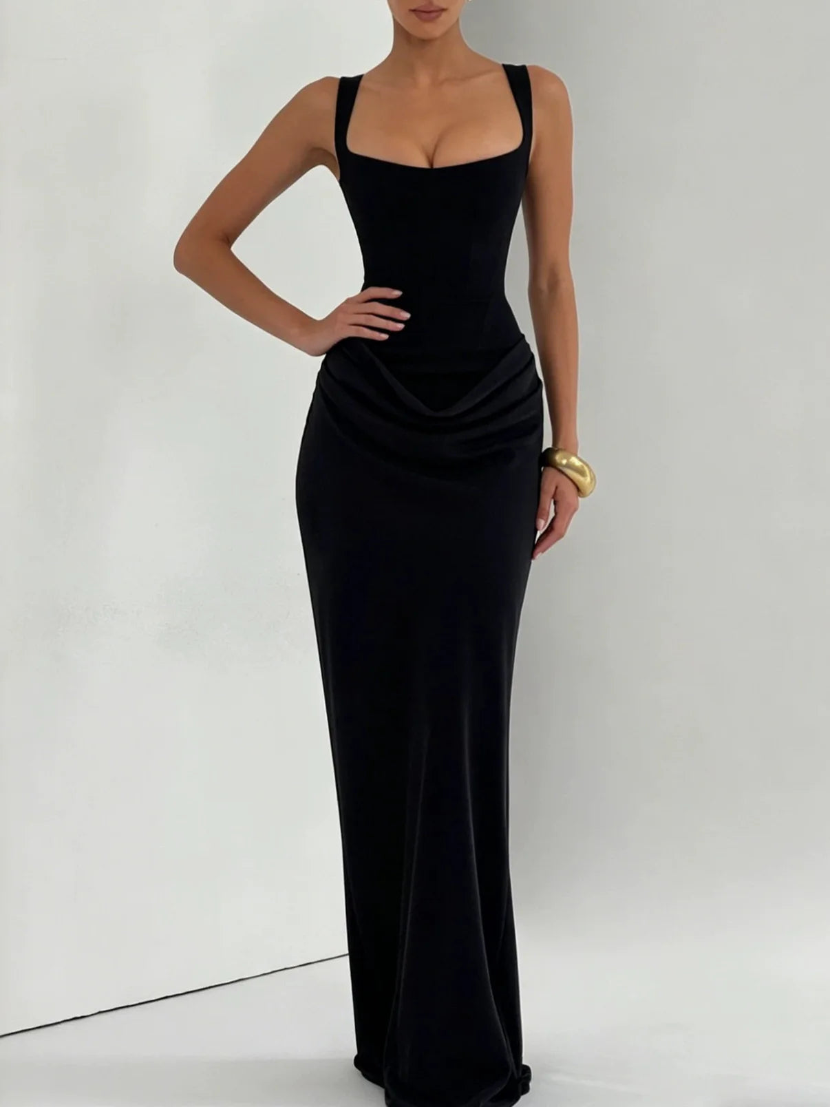 Ladies' formal square neck sleeveless waist cinching design with pleated fish tail long skirt for dinner party slimming dress