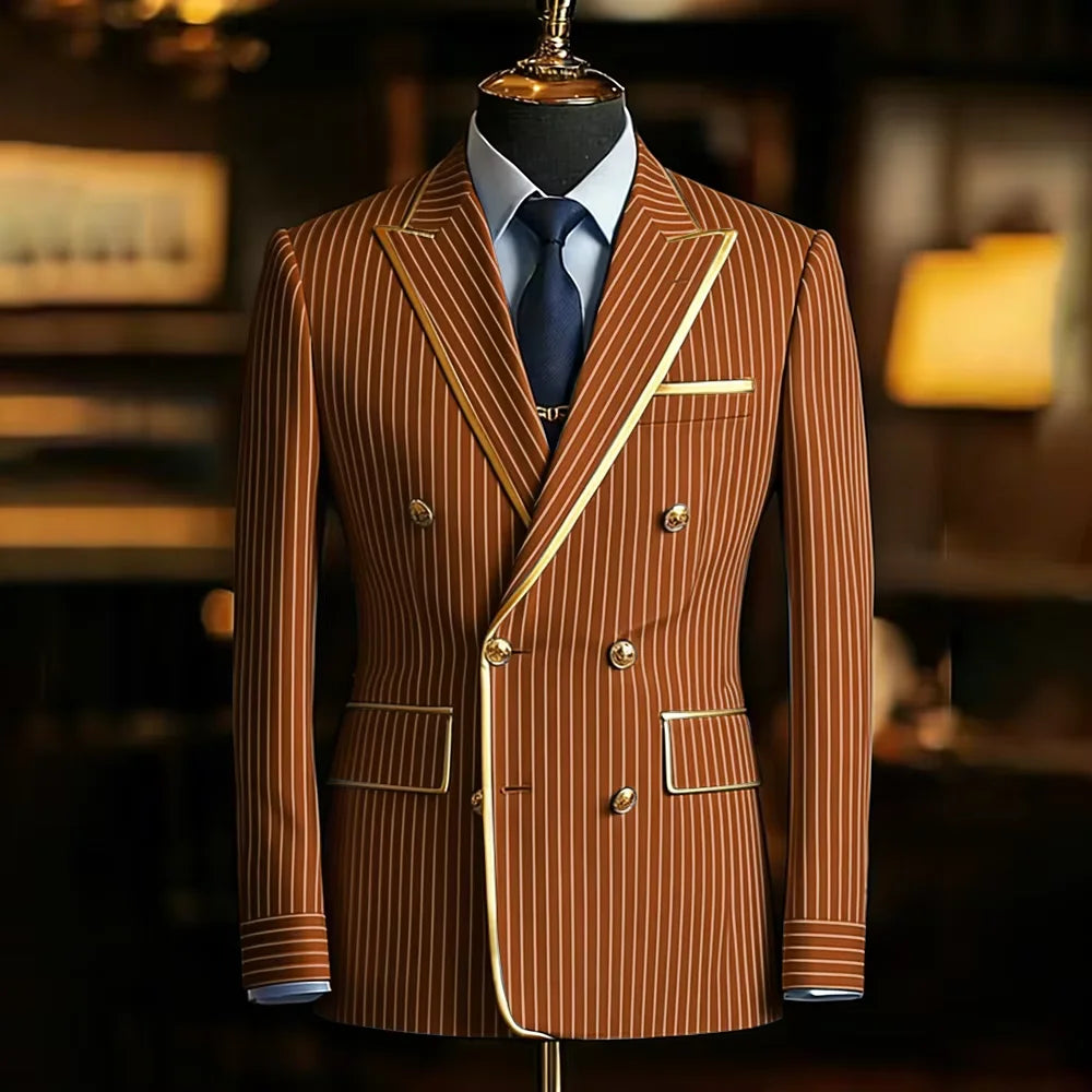 Men's Pinstripe Blazer Double Breasted Slim Fit Peaked Lapel With Gold Trim Formal Suit Jacket  For Groomsman Wedding Prom Hot