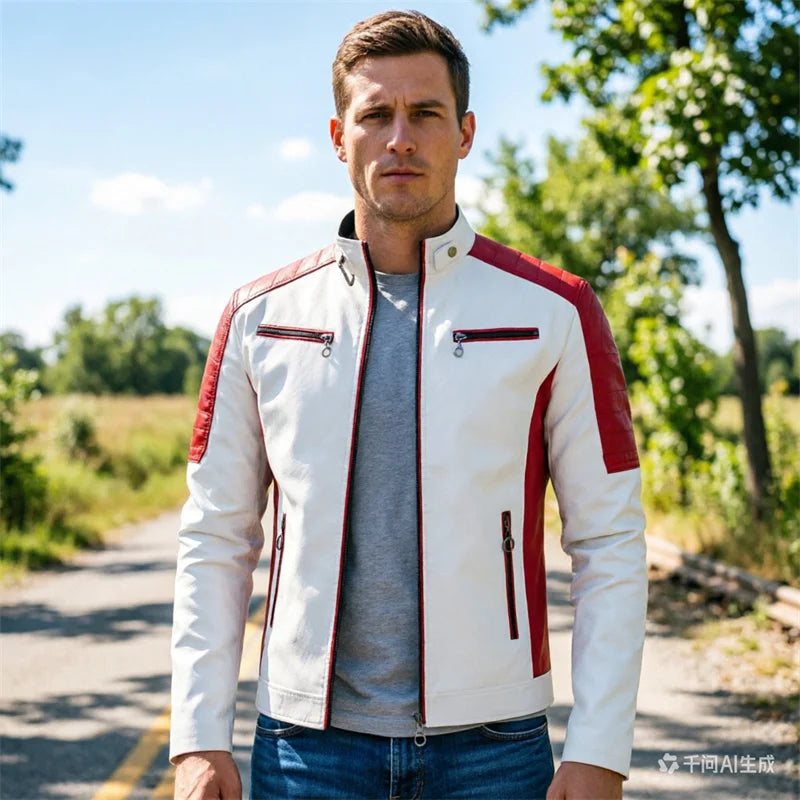 White and Red Patchwork Men's PU Jacket, Stylish Vintage Biker Faux Leather Coat, Available in Black or Brown.