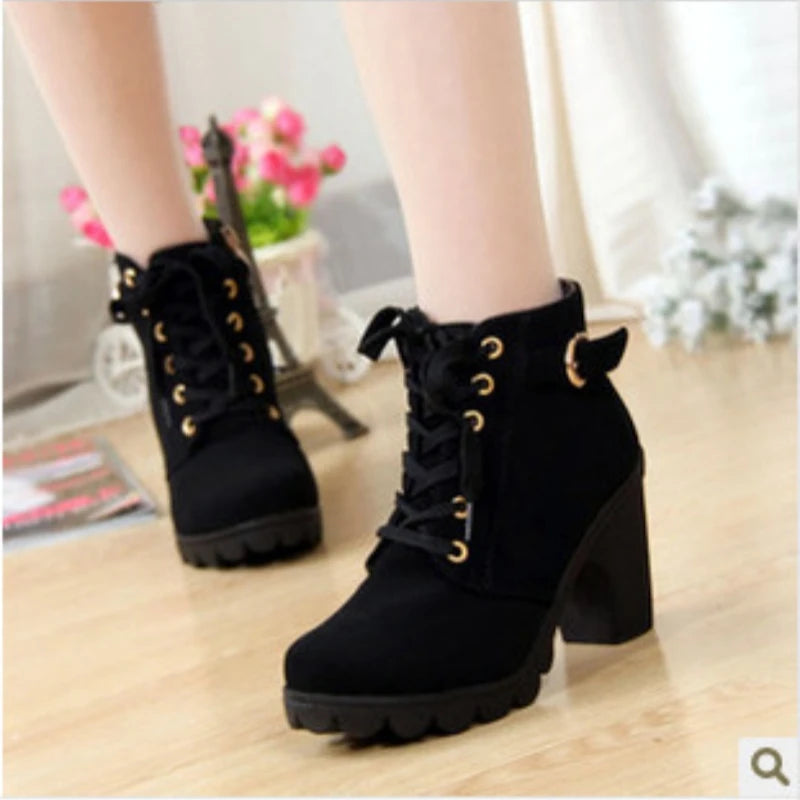 Boots Women Shoes Women Fashion High Heel Lace Up Ankle Boots Ladies Buckle Platform Artificial Leather Shoes Bota Feminina 2024