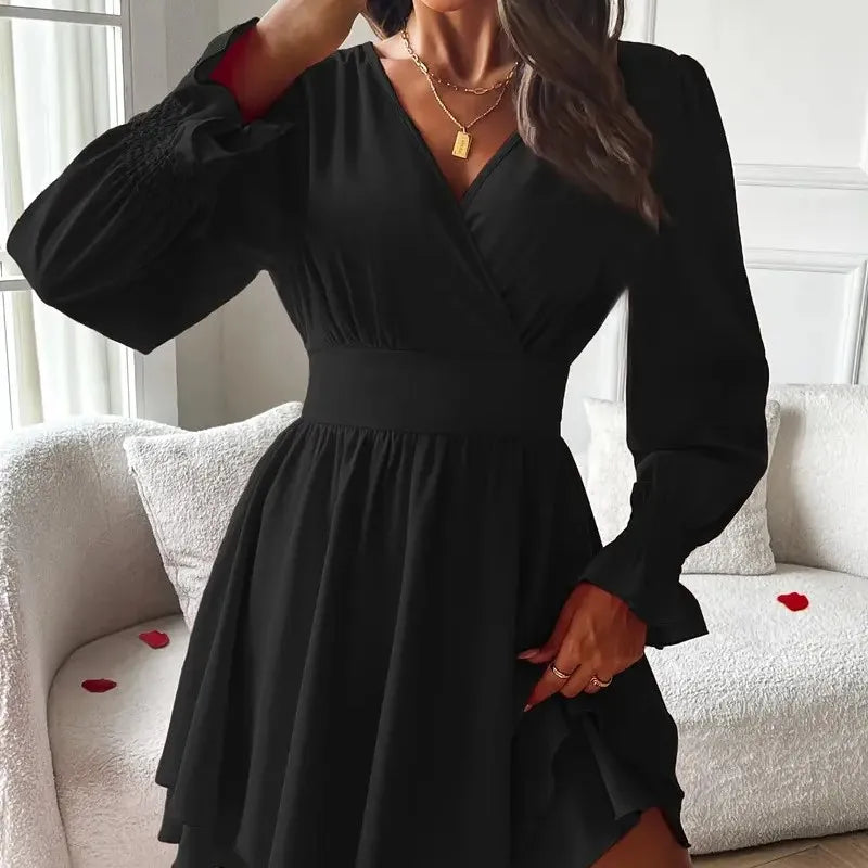 Dresses 2025 Woman Clothing V Neck Lantern Sleeve Wrap Mini Dress Ruched High Waist Elegant For Autumn Party Dress Vestidos