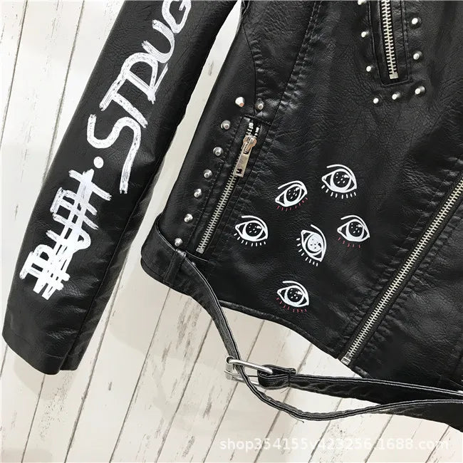 Women's PU Rivet Zipper Jacket, Shoulder Badge, Motorcycle Punk Rock Leather Coat, High Quality, Autumn Purchase