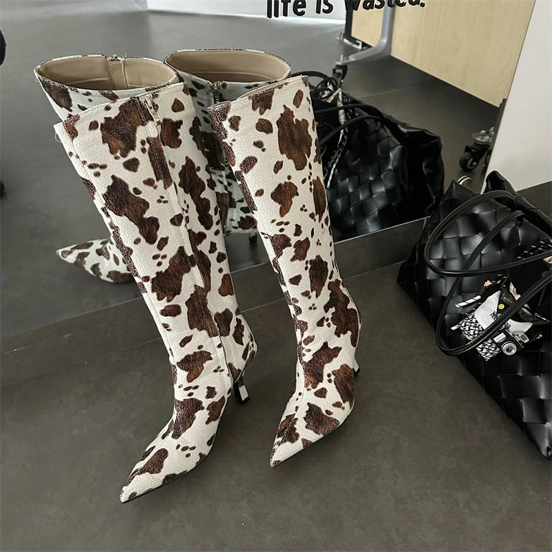 ZAROY Stiletto Heel Knee High Boots Brand Designer Brown Cow Print Pointed Toe Zipper Runway Banquet Dress High Botas сапоги