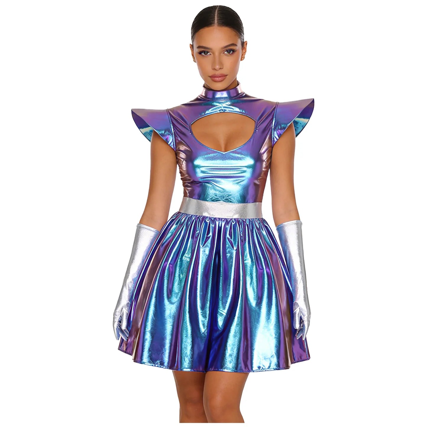 Womens Space Alien Costume Shiny Metallic High Waist A-line Dress with Gloves Astronaut Cosplay Outfits for Halloween Party