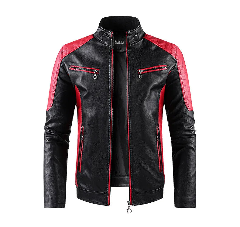 White and Red Patchwork Men's PU Jacket, Stylish Vintage Biker Faux Leather Coat, Available in Black or Brown.