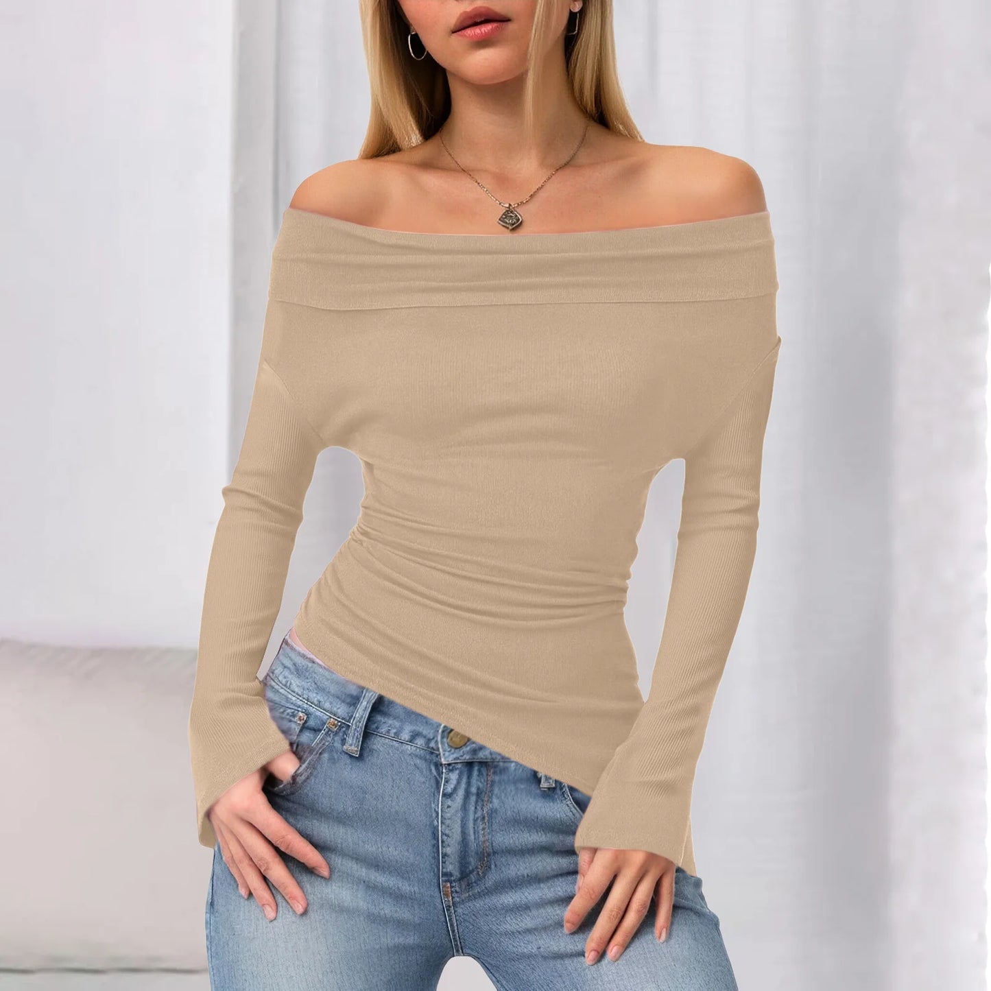 Y2k Aesthetic Simple Fashion Women's Tee Shirts Slash Neck Long Sleeve Solid Casual T-Shirts Vintage Off Shoulder Trendy Tshirts