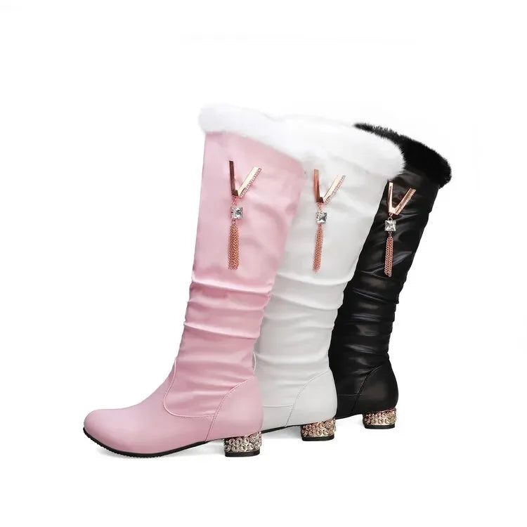 Winter Warm Knee High Boots Women Platform Wedges High Heels Snow Boots Slip on Winter Ladies Shoes White Black Pink 2025