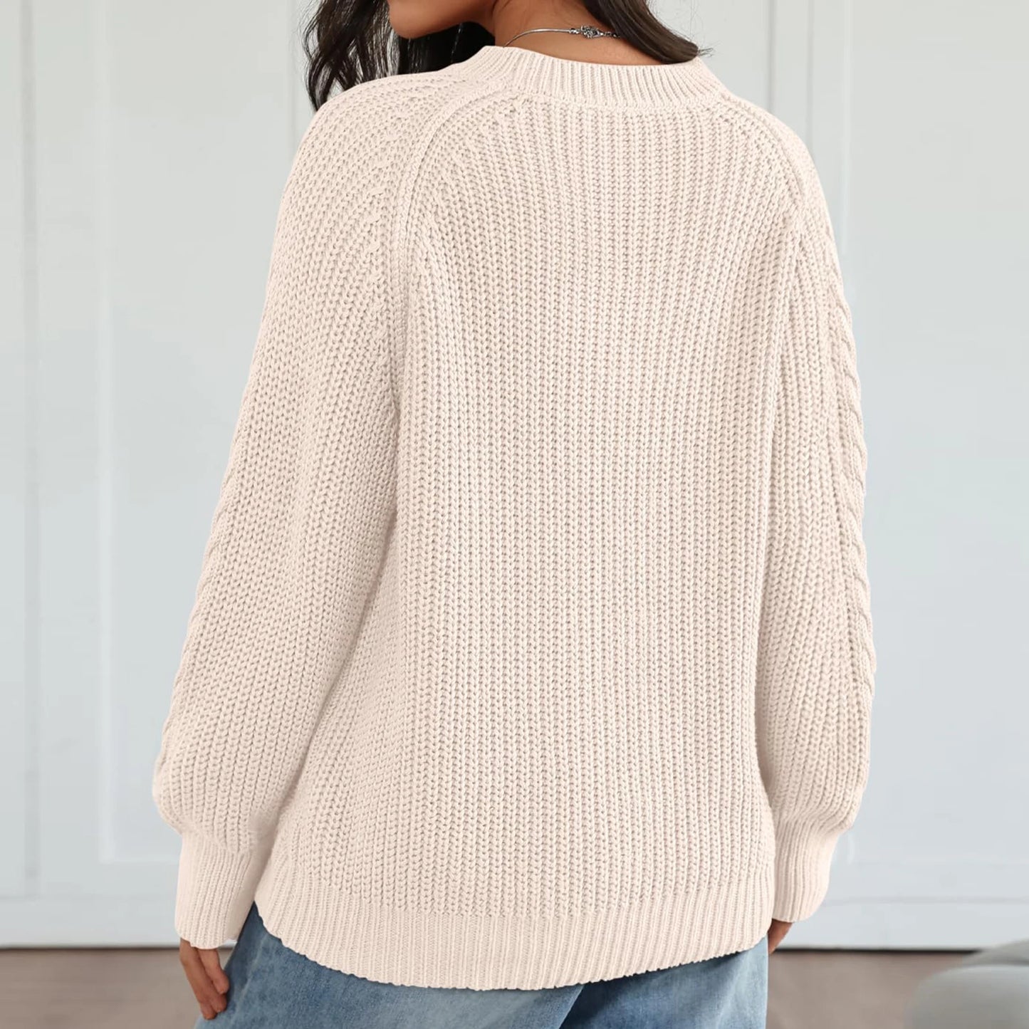 Women'S Crew Neck Cable Knit Lantern Long Sleeve Pullover Sweater Solid Color Casual Knit Autumn Winter Warm Top For Ladies
