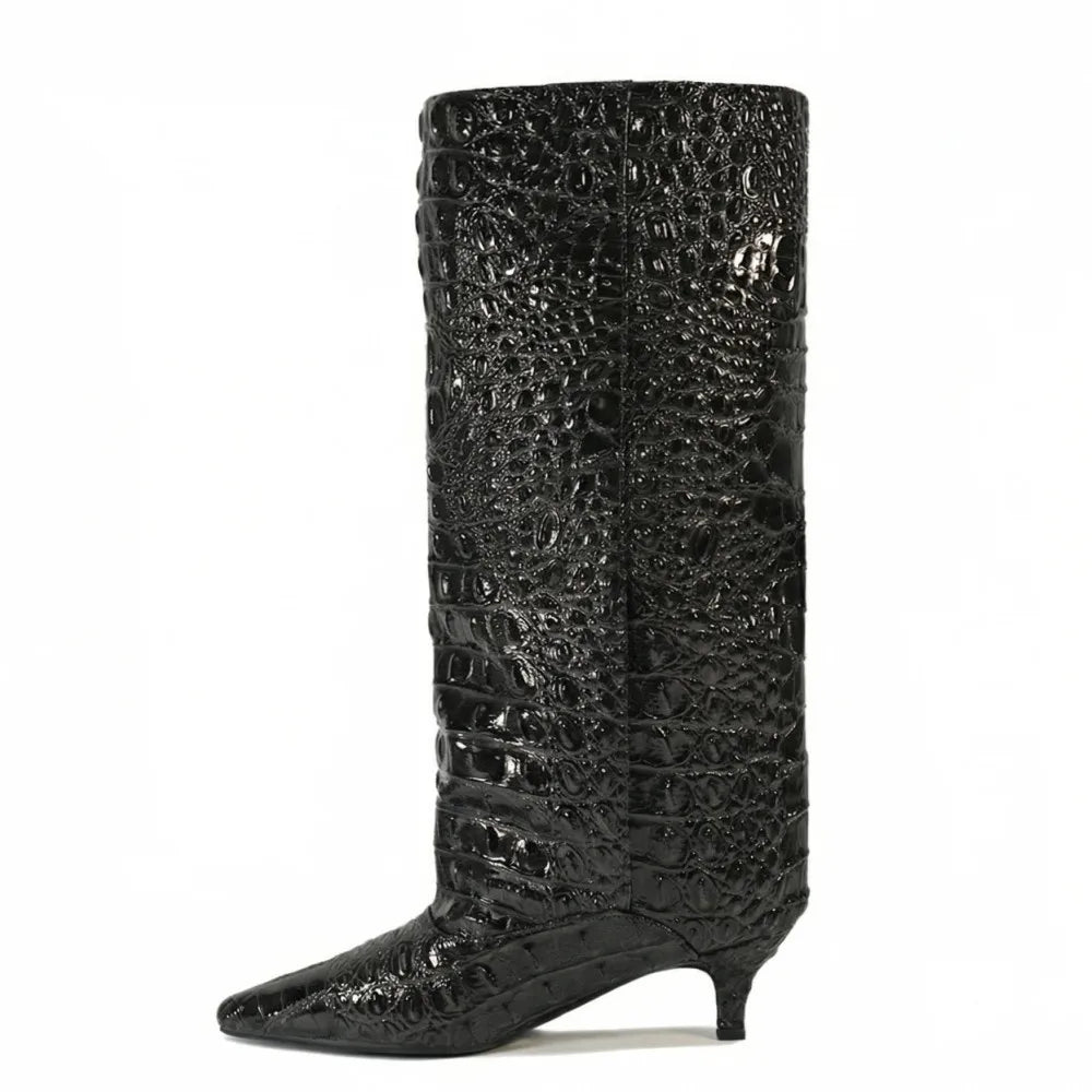Women's Spring and Autumn New Cat Heel Wide Knee Knee Boots Fashion Pointed Women's Low Heel Mid Heeled Boots