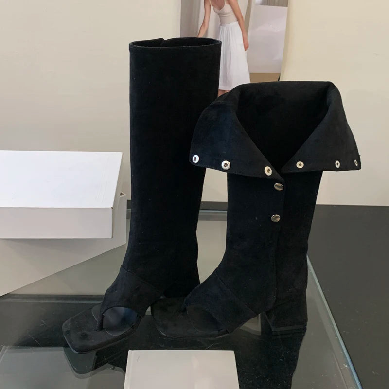 Eilyken Spring Autumn Square Clip Toe Women Knee-High Boots Sandals Fashion Vintage Low Heels Buckle Strap Shoes