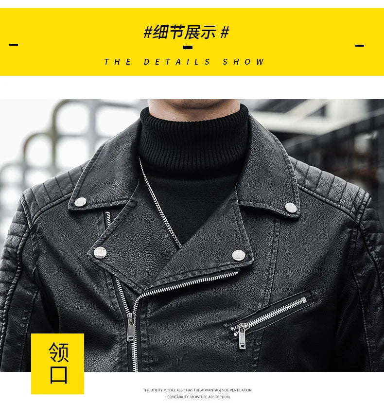 Male Slim Fit Pu Leather Coats Mens Motorcycle Jackets Black Outwear Leather Coats Man High Quality Business Leather Jacket