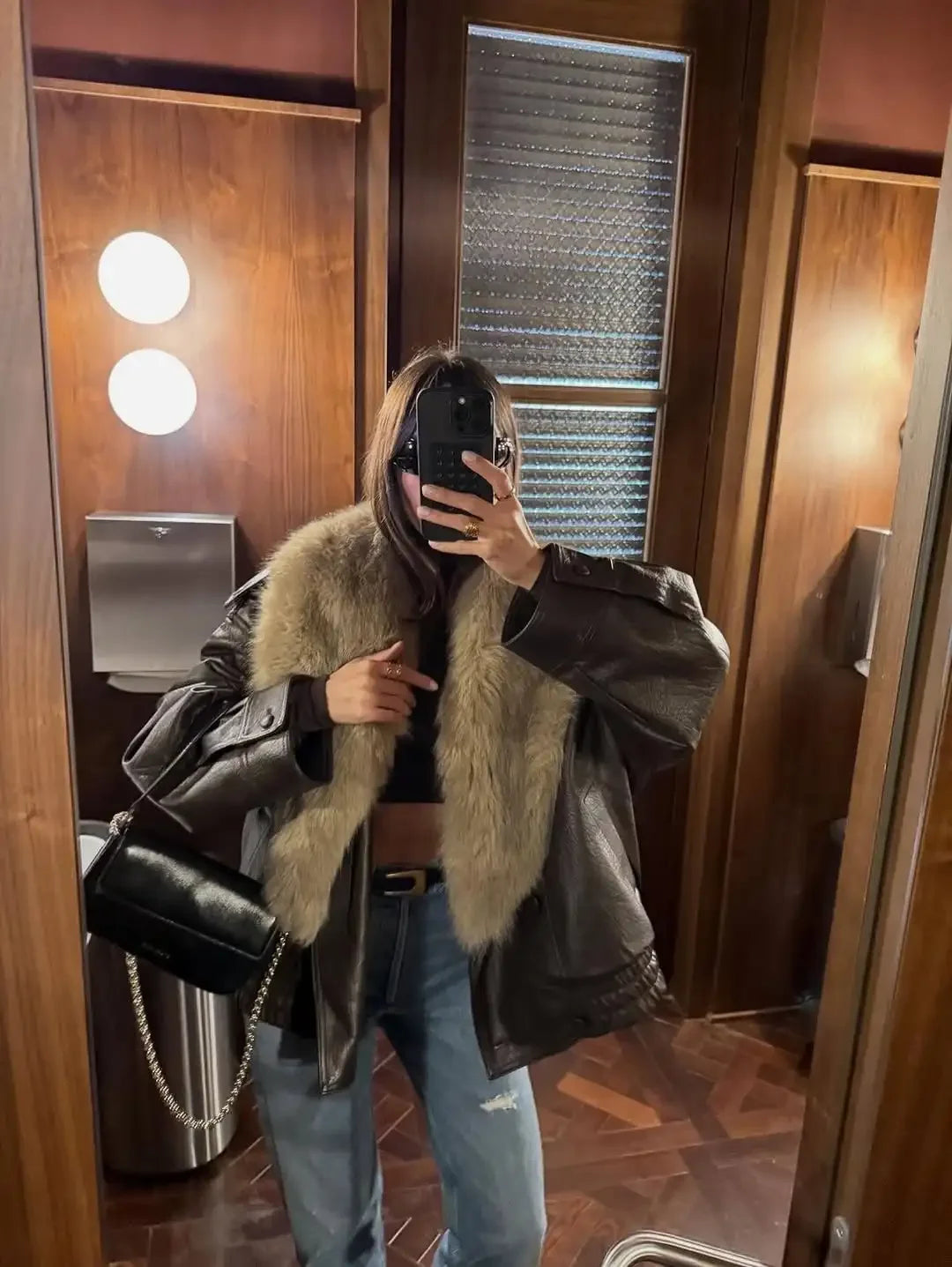 Women Fur Collar Faux Leather Jacket Pebbled Pu Cropped Coat Double Breasted Epaulet Loose 2026 Vintage  Autumn Trendy Outerwear