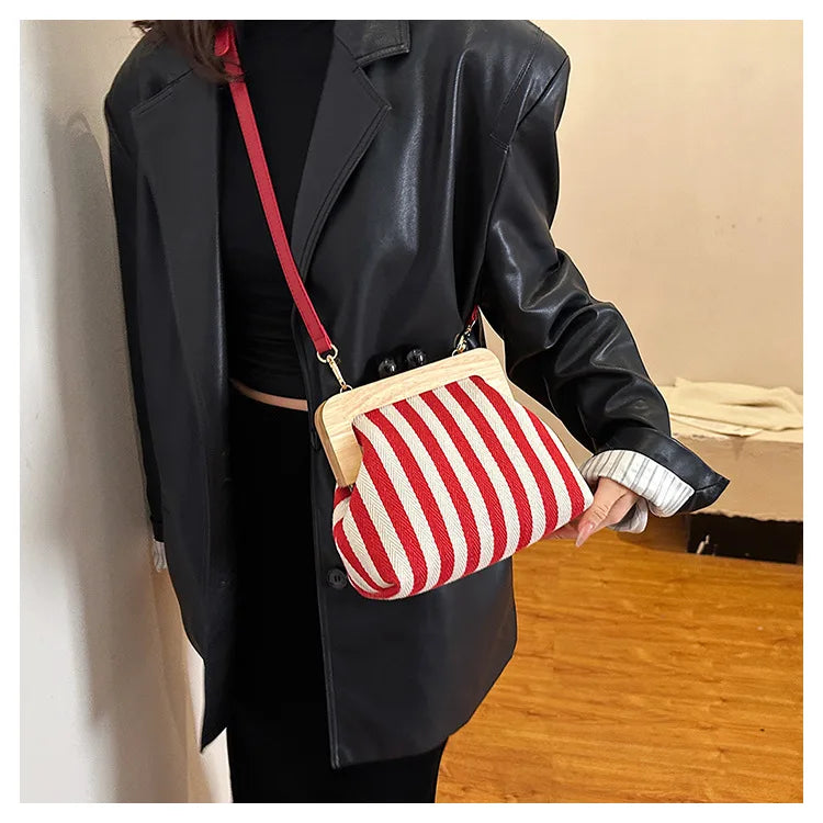 New Black Stripe Canvas Wooden Clip Bag Women Bag Fashion Shoulder Bag Crossbody Bag