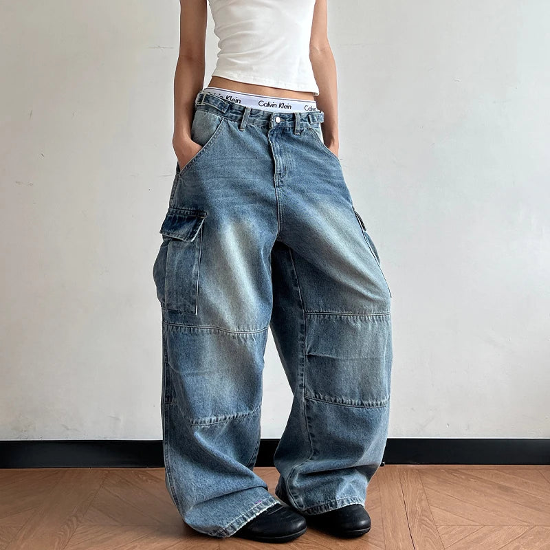 Y2K Jeans Men Women Retro Baggy Wide-leg Cargo Denim Pants Fashion Streetwear Multi-pocket Personality Splicing Loose Trousers
