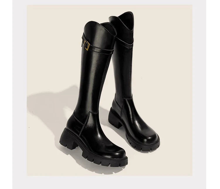 Fur Lining Women Knee High Boots Fashion Knight Long Booties Square High Heels Autumn Winter Warm Short Plush Shoes
