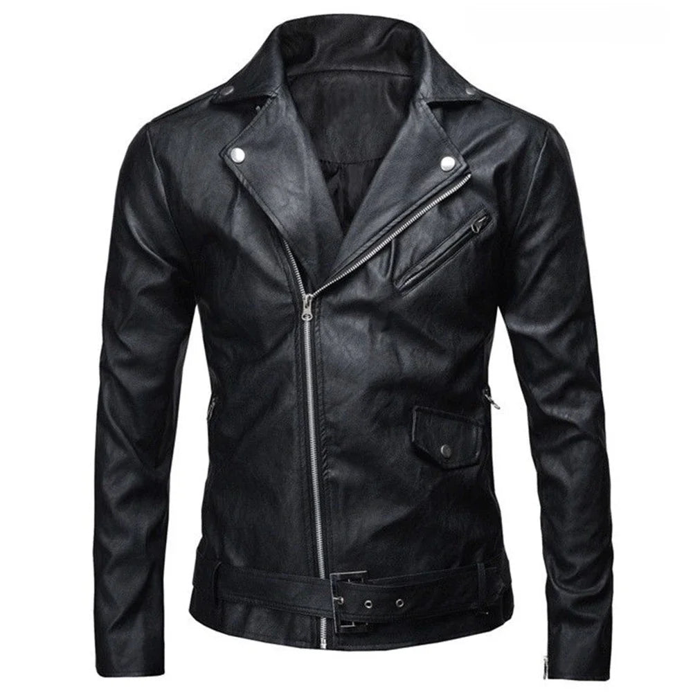 Men Leather Jacket Slim Fit Motorcycle Jacket Zipper Casual Coat Spring Autumn Winter