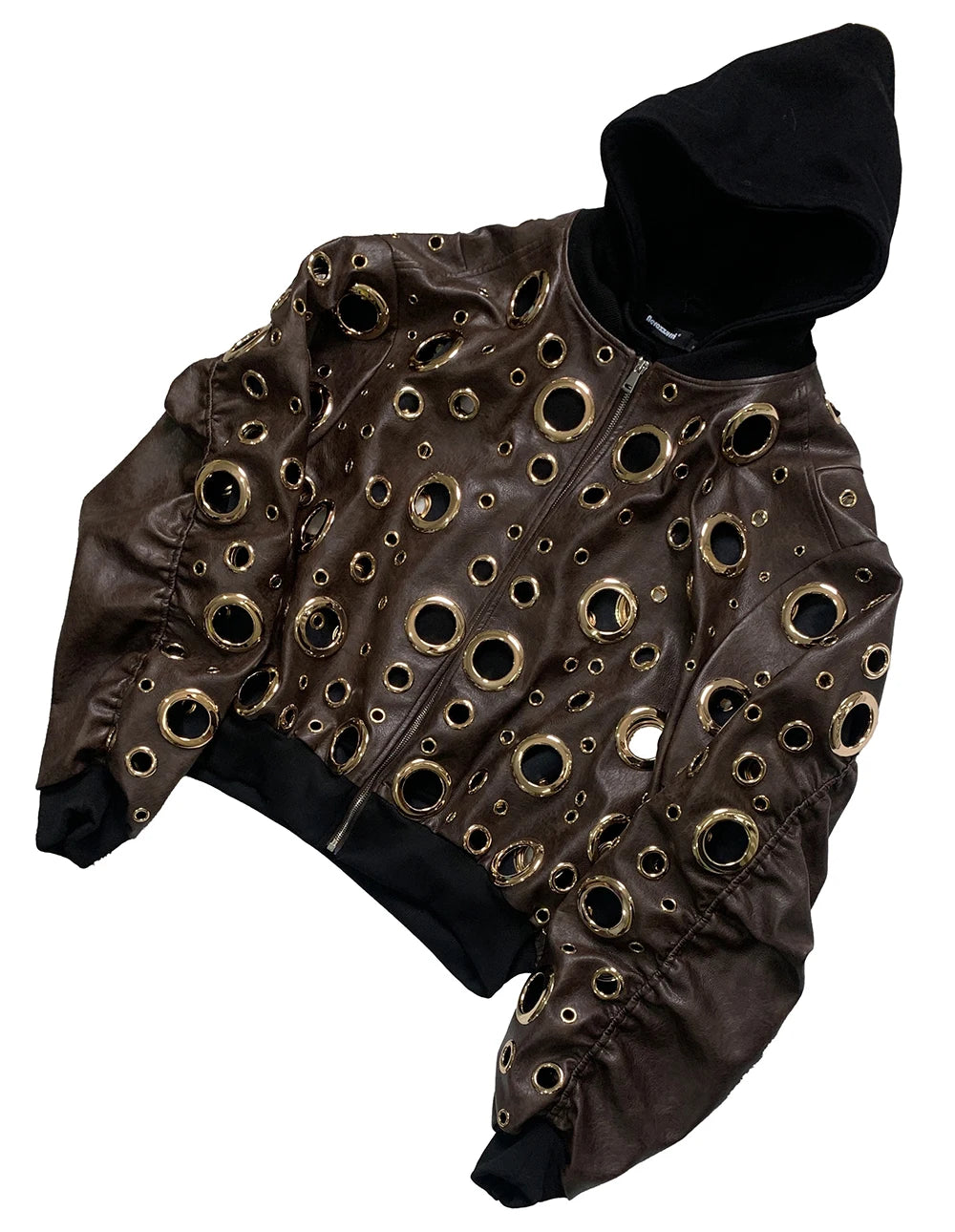 Nerazzurri Autumn Oversized Hollow Out Gold Pu Leather Jacket Men with Hood Hole Luxury Fake 2 Pieces Emo Menswear Clothing 2025