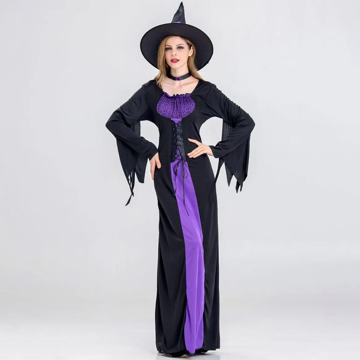 Womens Halloween Witch Costume Purple Black Long Dress Gothic Sorceress Gown Bell Sleeve Lace Up Cosplay Parties  Fancy Outfits