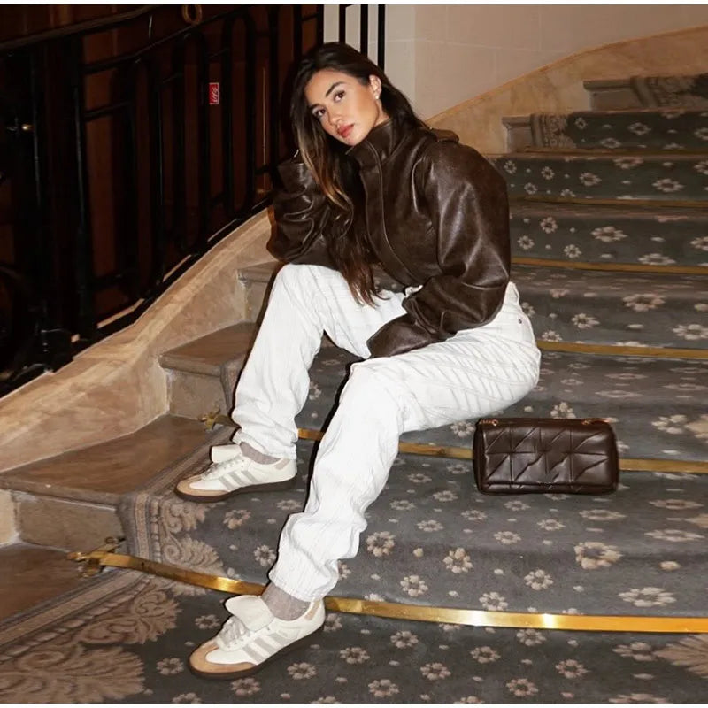 Street Women's Cropped Leather Jacket Slim Stand Collar Long Sleeve Zipper Irregular Hem Coat 2026 Autumn Lady Chic Otwear