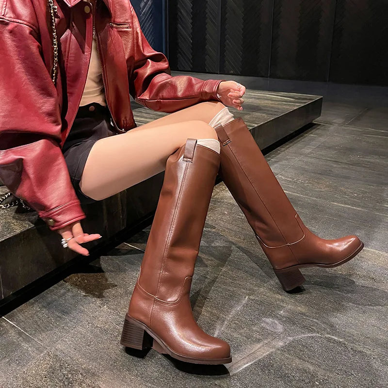 Arden Furtado Autumn Cowhide Knee High Boots Round Toe Pull-On Chunky Heels Riding Boots British Style Large Size Boots