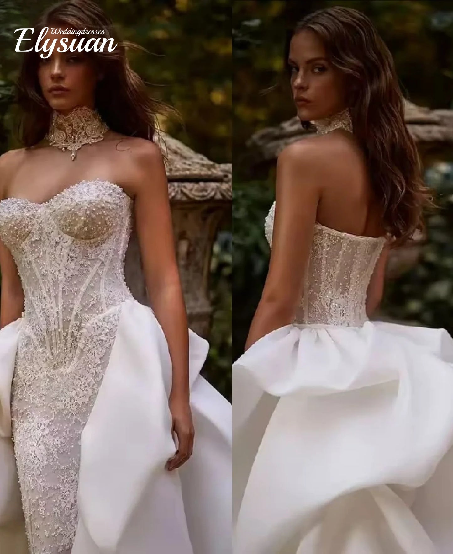 Customized Bridal Gown Shiny Mermaid Wedding Dress Lace Pearl Long Sleeve with Gorgeous Detachable Train Vestidos De Novia