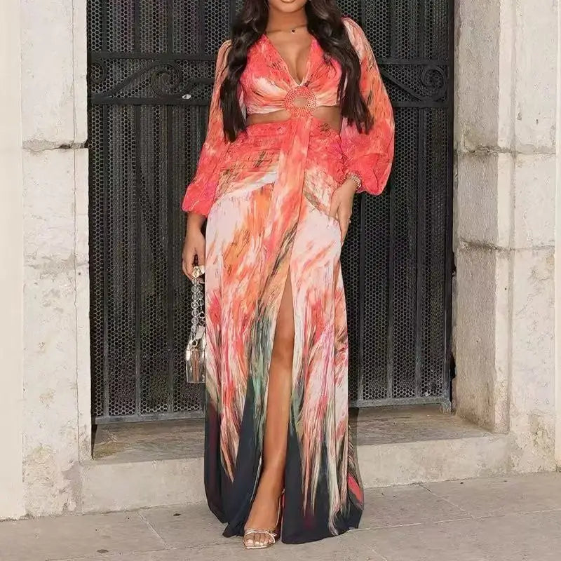 Women's Dress 2025 Fashion Summer New Vestidos Para Mujer Women's Vacation Elegant Style Long Sleeve Split Printed Slit Dresses