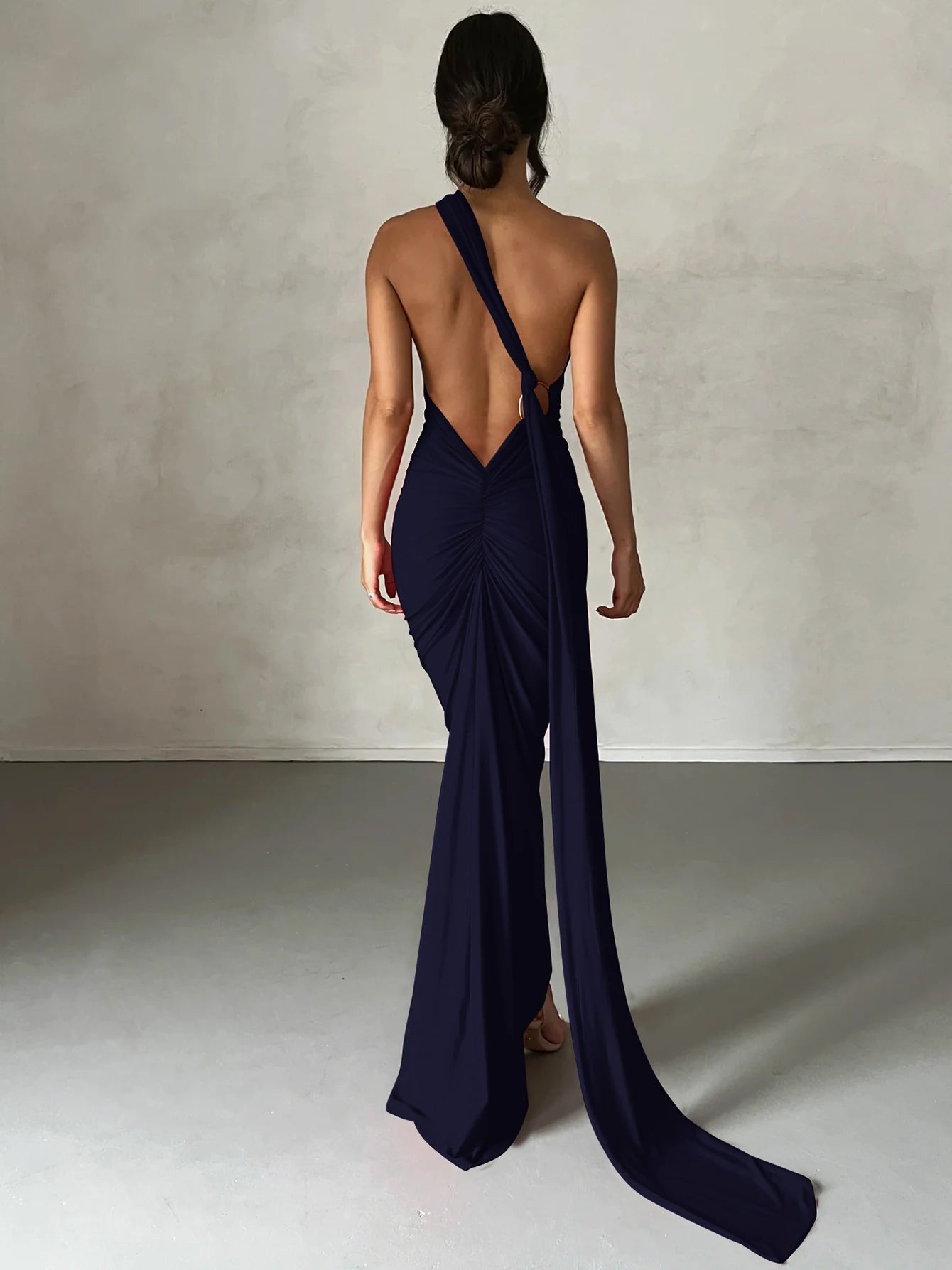 Dulzura One Shoulder Backless Ruched Slim Ribbon Long Dress Women Solid Sexy Elegant Dress Evening Party Club Prom Summer Outfit