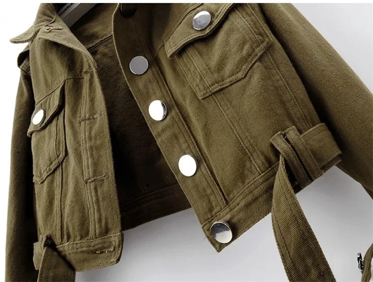 Spring Vintage Army Green Black Khaki Denim Jacket Women Hem Belt Big Pocket Cowboy Outerwear Loose Short Jeans Jackets Female