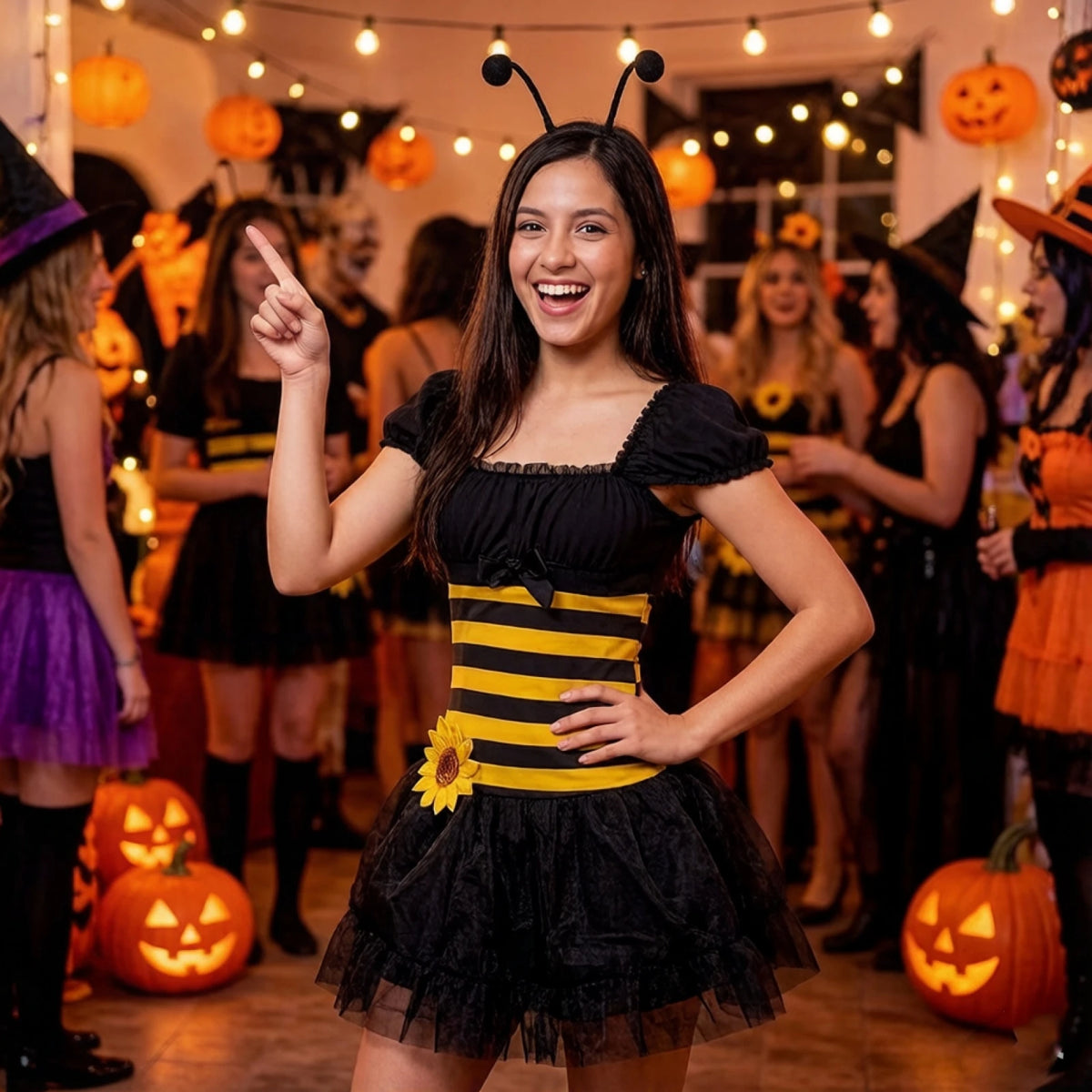 Women Bubble Bee Costume Striped Mini Tulle Dress Wings and Antenna Headband Set of 3 for Halloween Cosplay Party