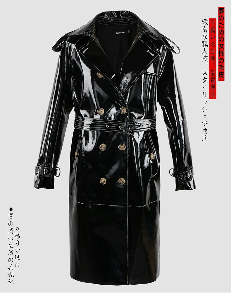 Nerazzurri Autumn Long Shiny Black Red Patent Pu Leather Trench Coat for Women Belt Double Breasted Luxury Designer Clothes 2023
