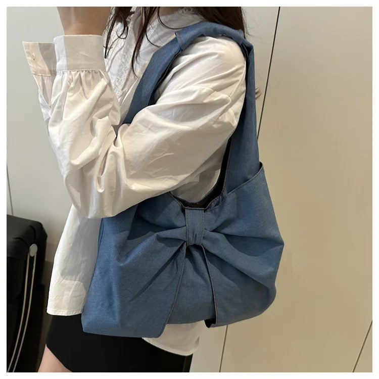 Sweet Bowknot Design Women's Denim Shoulder Bags Commuter Thread Ladies Handbags Casual Lightweight Female Underarm Tote Bag