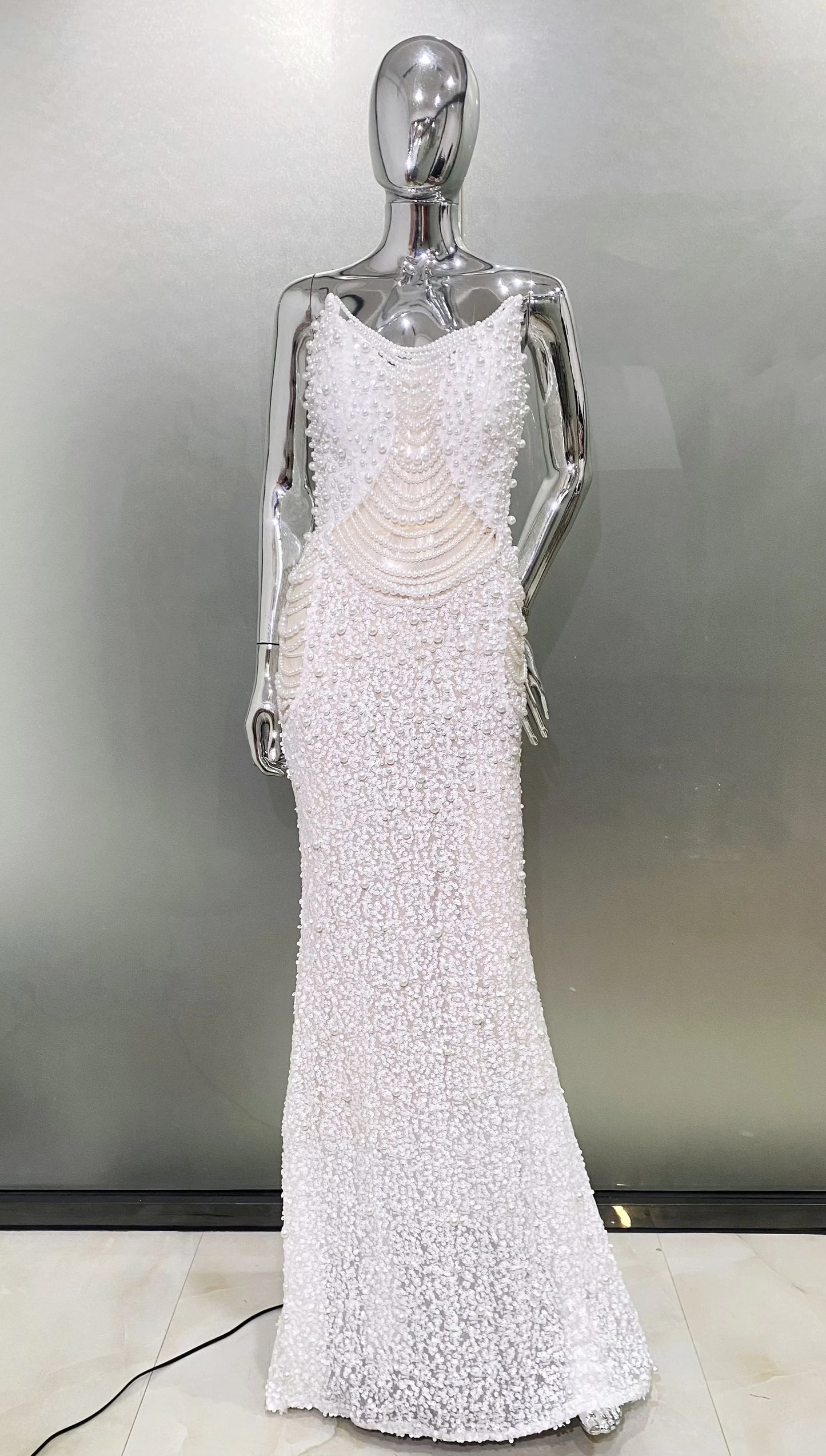 Luxury Pearl String Sexy See Through White Sequins Long Dress Elegant Woman Wedding Party Dress Red Carpet Goddess Vestido