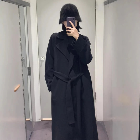 Women's Casual Double-Faced Woolen Coat Mixed Fabric New Arrival Black Autumn Winter Long Sleeve Suit Collar Fashion Commute