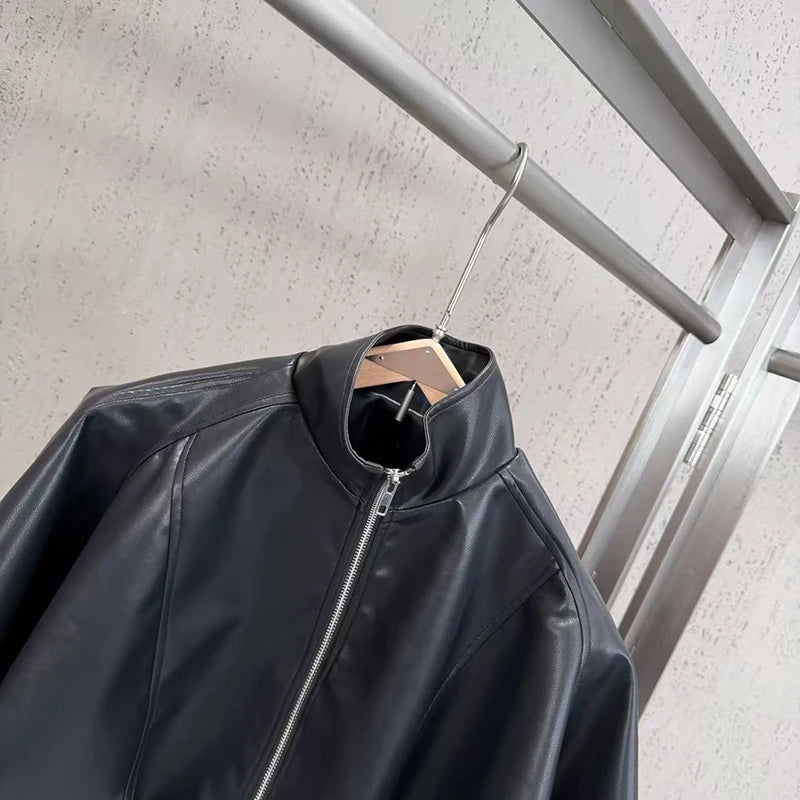 KUCLUT 2026 Autumn Stand Collar Cape With Ruffles Puffy PU Leather Jacket For Women Short Zipper Motorcycle Style Coat 1A4196