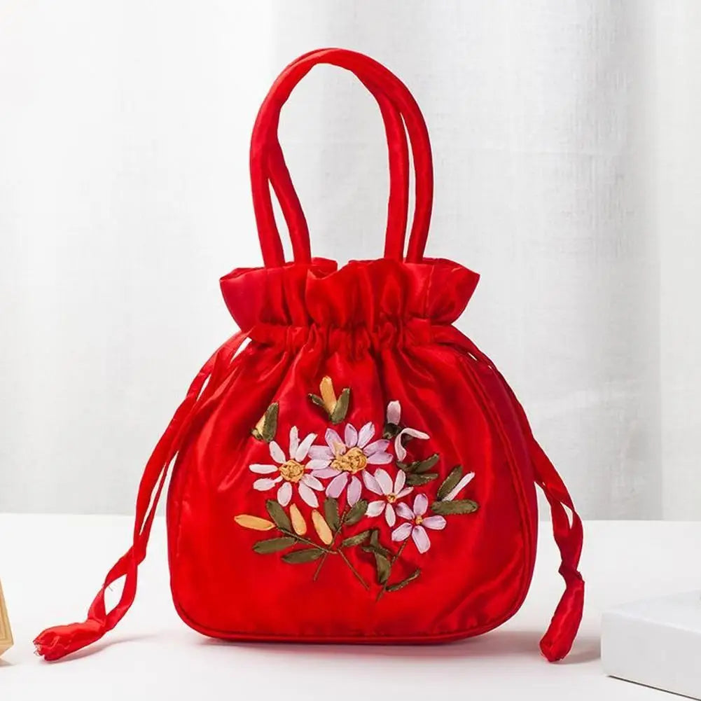 Women Bucket Bag Top Handle Ladies Handbag Phone Bag Summer Small Purse National Style Embroidered Flower Pattern Drawstring Bag
