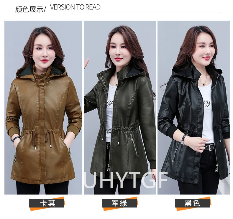 UHYTGF Fleece Winter Leather Female Quality Pu Leather Windbreaker Women Temperament Slim Warm 3XL Big Size Coat Deri Ceket 425