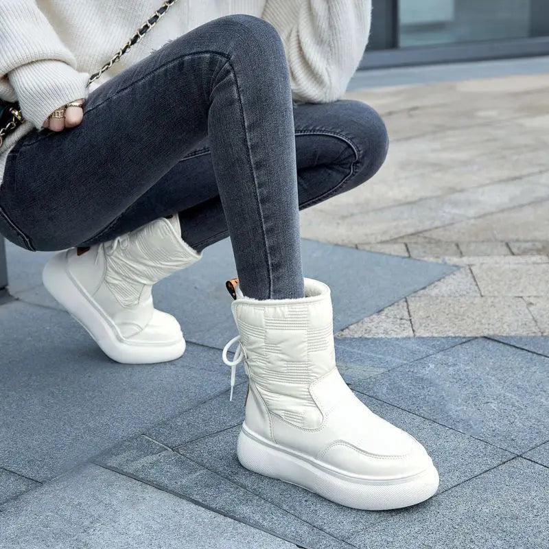 White Half High Waterproof Women's Snow Boots Lace-up Goth Plush Warm Quality on Offer Y2k Padded Large Size Hot Ladies Shoes