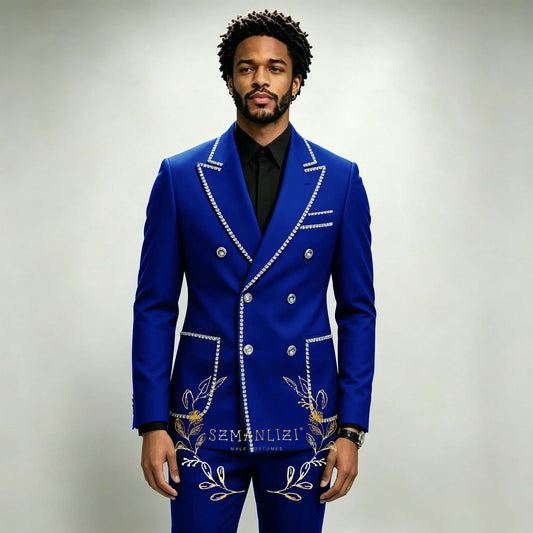 Luxury Men's Suits 2 Pieces Royal Blue Crystals Peaked Lapel Double Breasted Groom Wedding Tuxedo Wear Formal Party Prom Suits