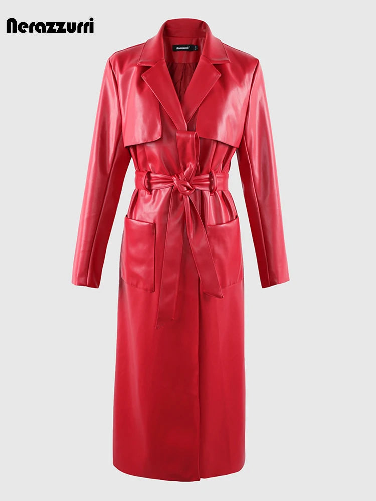 Nerazzurri Spring Autumn Long Red Soft Pu Leather Trench Coat for Women Pockets Sashes Luxury Elegant Chic Stylish Overcoat 2023