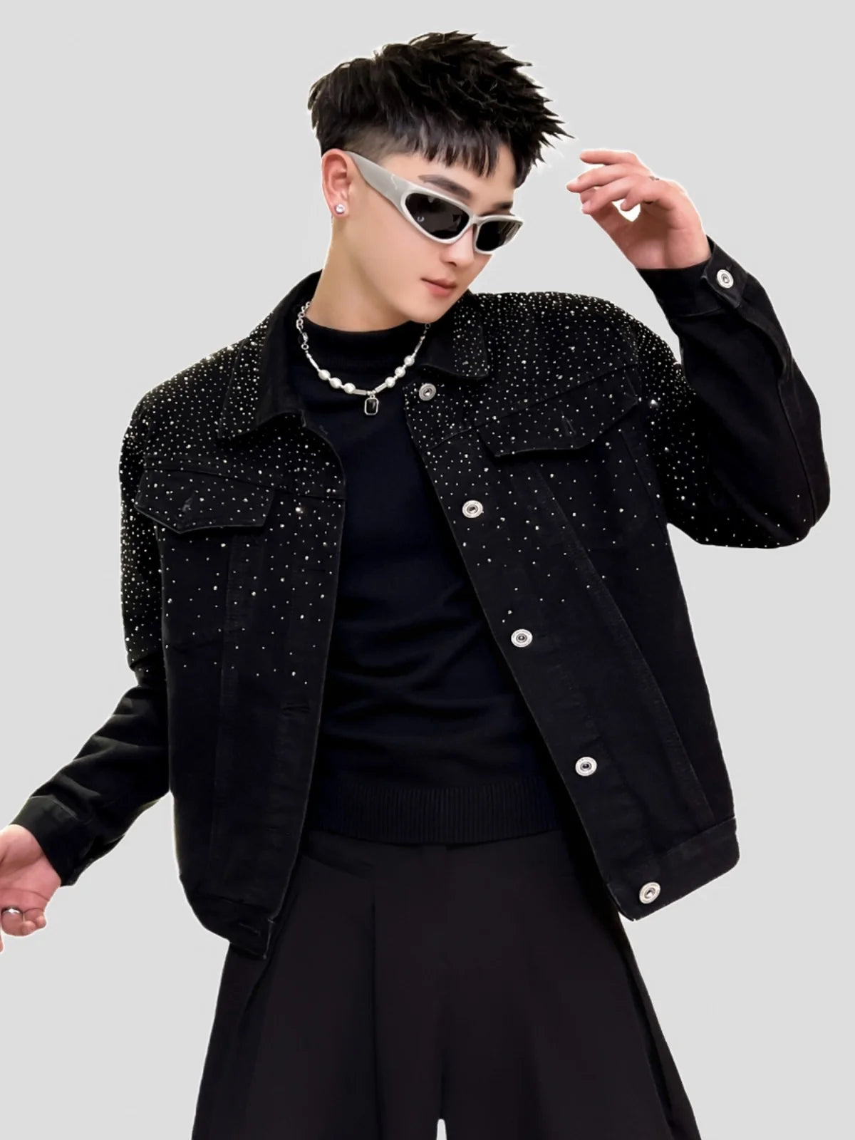 Fashion Denim Jacket High-End Handsome Shiny Rhinestone Light Luxury Trendy Men's Jacket Long Sleeve Single-Breasted Jackets