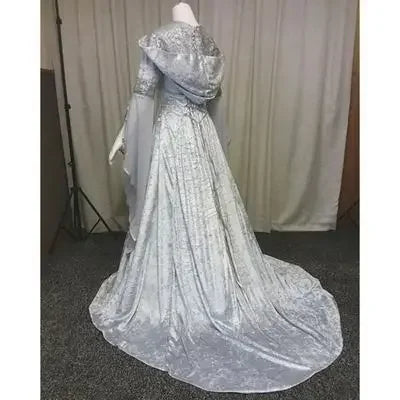 Women Deluxe Witch Dress Medieval Renaissance Maxi Train Dress Halloween Devil Pagan Witch Wedding Cos Costume Hooded Gown Robe