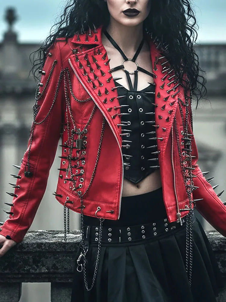 Women's Red PU Leather Gothic Punk Biker Jacket with Spikes Vintage Studded Y2K Rocker Grunge Spiked Coat Emo Alt Goth Clothing