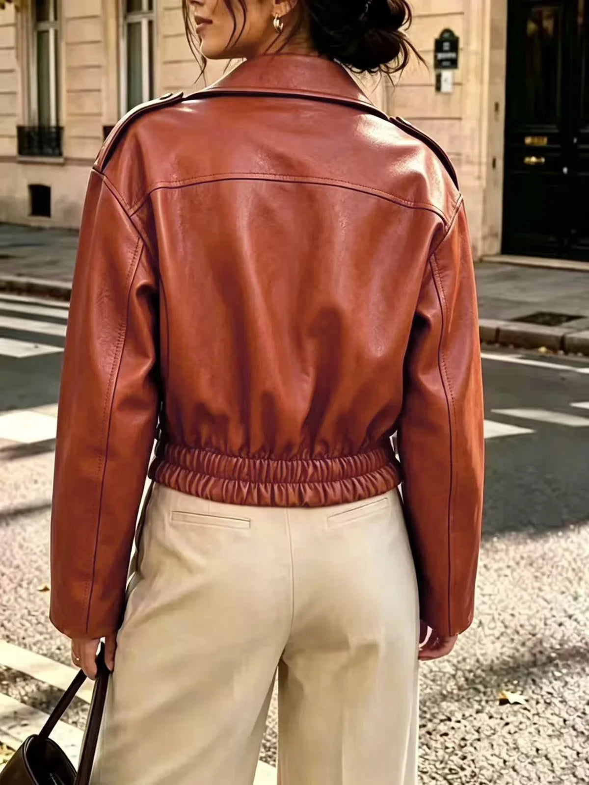 Women Cropped Faux Leather Moto Jacket Long Sleeve Oblique Zipper Biker Coat