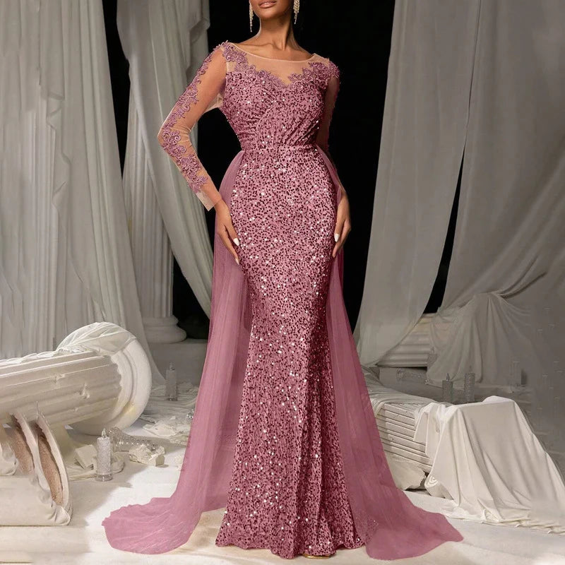 Luxury Long Sleeve Slim Dress Elegant V-neck Lace Sequin Mesh Spliced Evening Dress Fashion Solid Color High Waist Glitter Dress