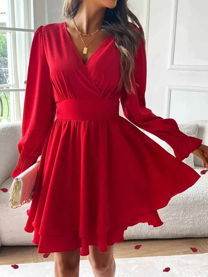Dresses 2025 Woman Clothing V Neck Lantern Sleeve Wrap Mini Dress Ruched High Waist Elegant For Autumn Party Dress Vestidos