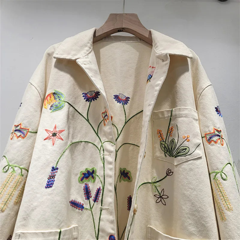 DEAT Women's Denim Coat Turn-down Collar Flower Embroidery Design Pocket Single Breasted Jackets 2026 Spring New 29A6164